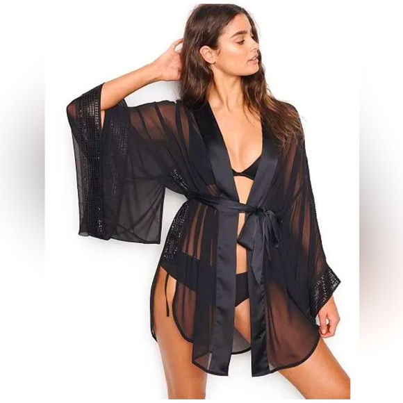VICTORIA'S SECRET Embellished Kimono Robe Black XS/S XP/P extra small or small - Picture 1 of 7